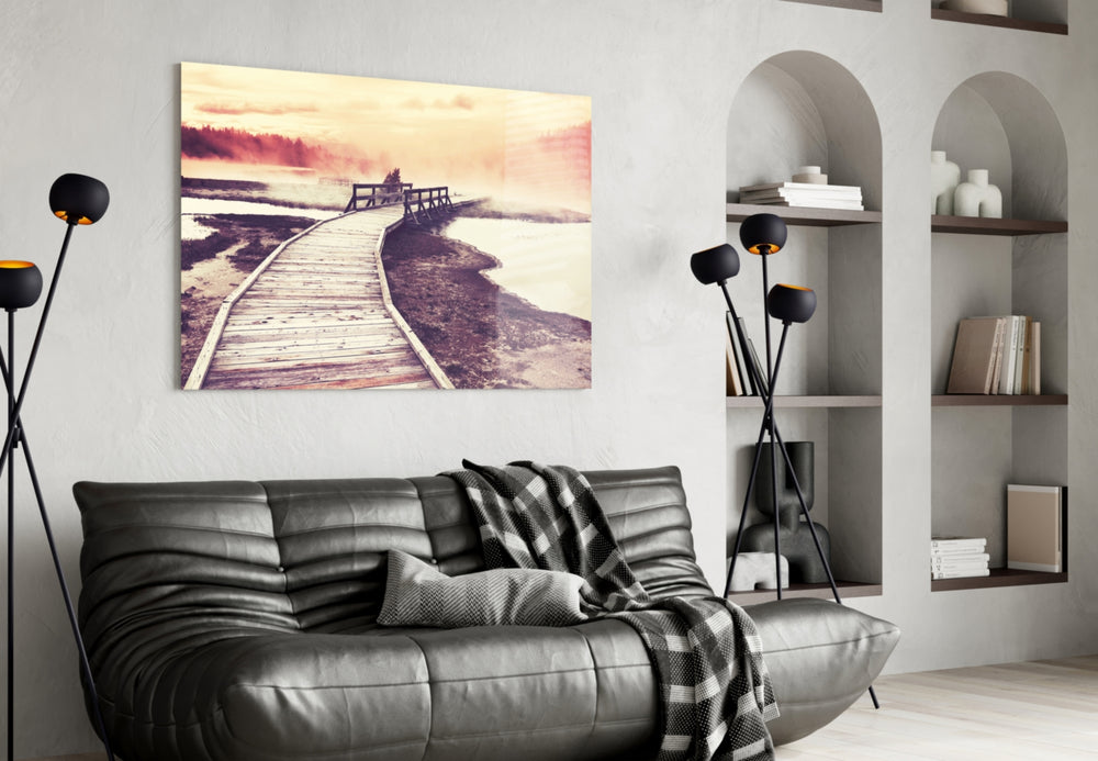 Dock in the Fog glass wall art styled above a desk in a reflective study
