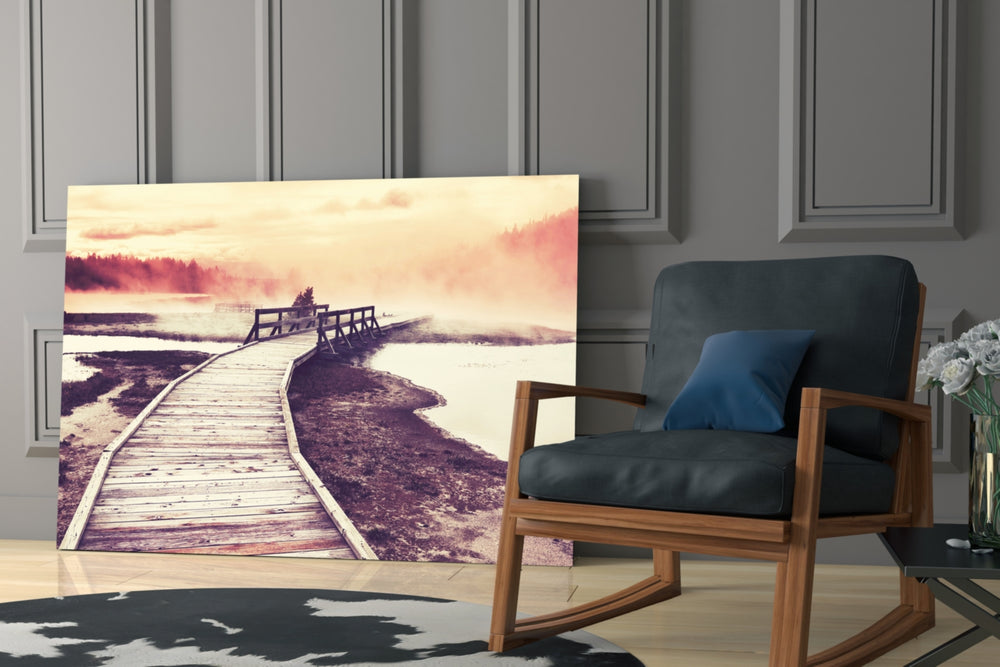 Dock in the Fog glass print enhancing a hallway with hazy poetry