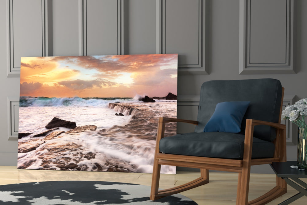 Vicious Waves glass print enhancing a hallway with surf-spray pulse