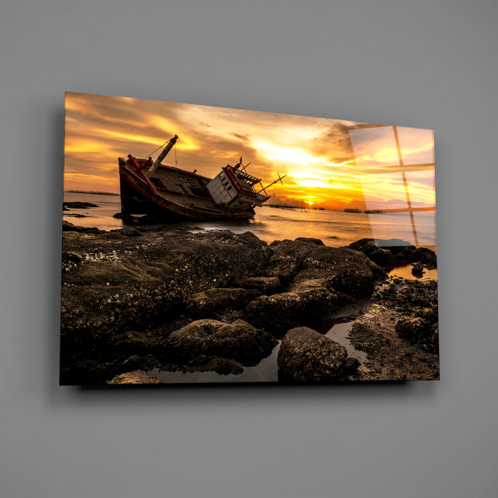 Sunset shipwreck panel bringing maritime mood to a contemporary living space