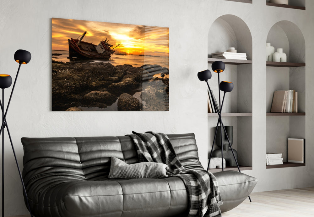 Ship Wreck glass wall art styled above a desk in an adventurous study