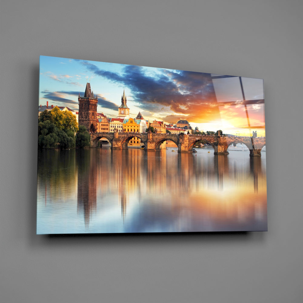 Charles Bridge sunset panel bringing cosmopolitan warmth to a contemporary living space