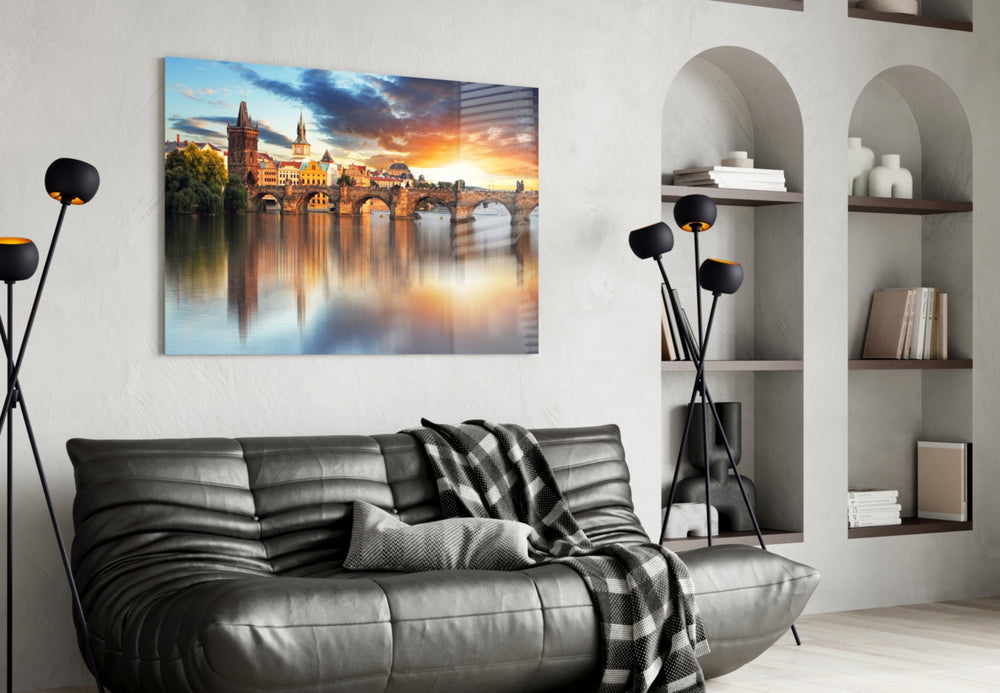 Prague glass wall art styled above a sofa in a cosmopolitan living room