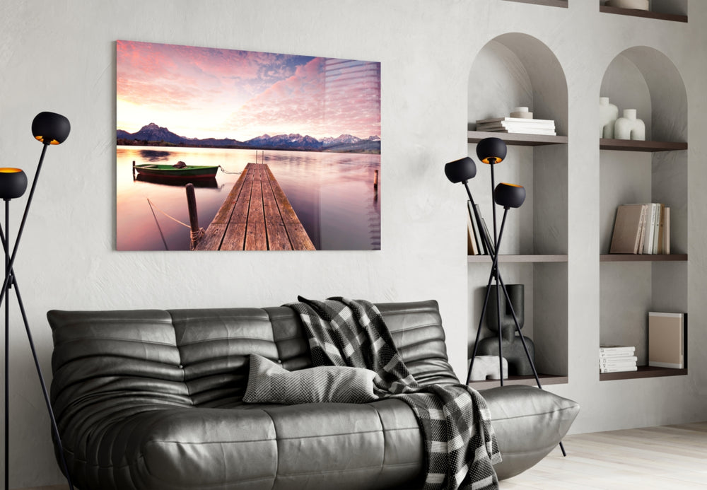 Sunset on the Beach glass wall art styled above a sofa in a romantic living room