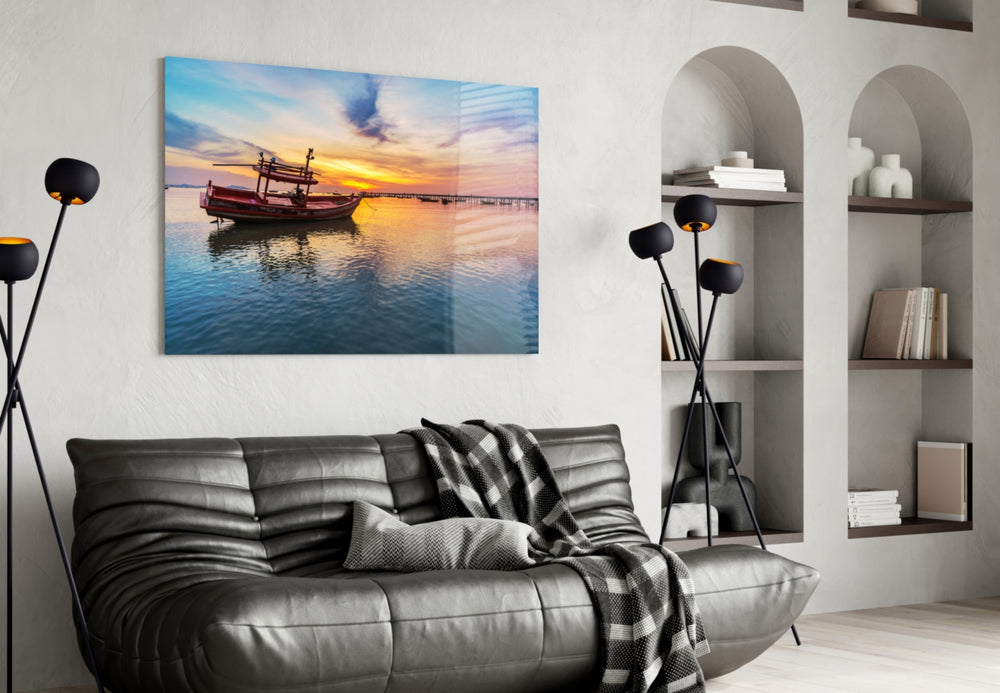 Boat glass wall art styled above a sofa in an adventurous living room
