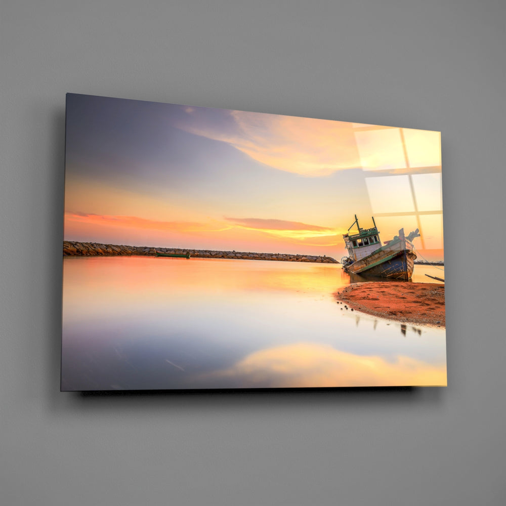 Beached boat sunset panel bringing maritime mood to a contemporary living space