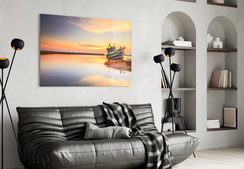 Ship On The Beach glass wall art styled above a desk in a reflective study