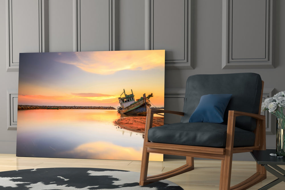 Ship On The Beach glass print enhancing a hallway with narrative pulse