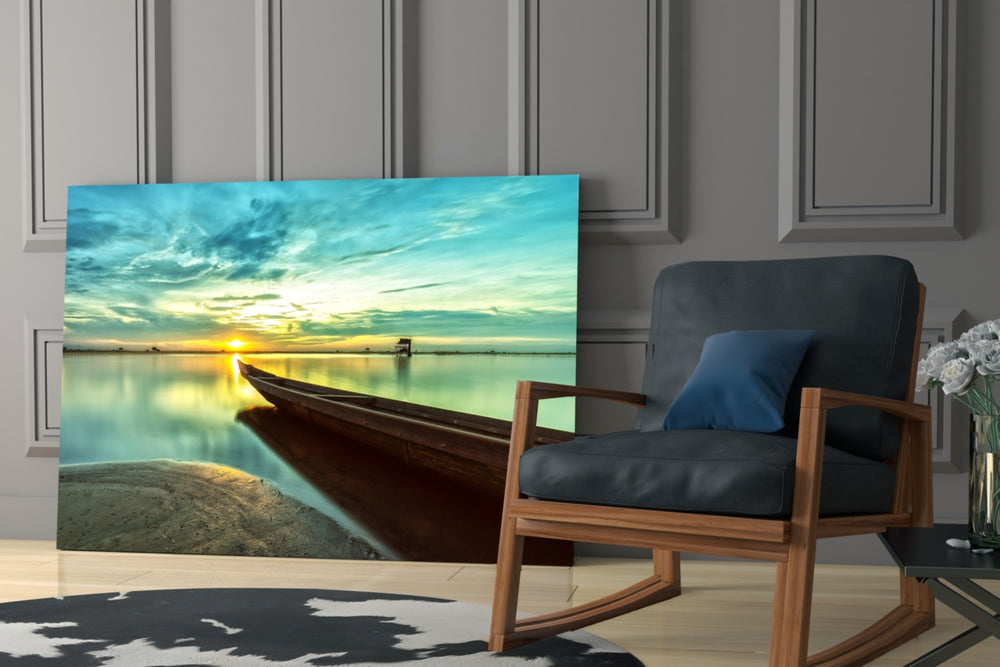 Kayak on the Beach and Sunset glass print enhancing a hallway with destination pulse