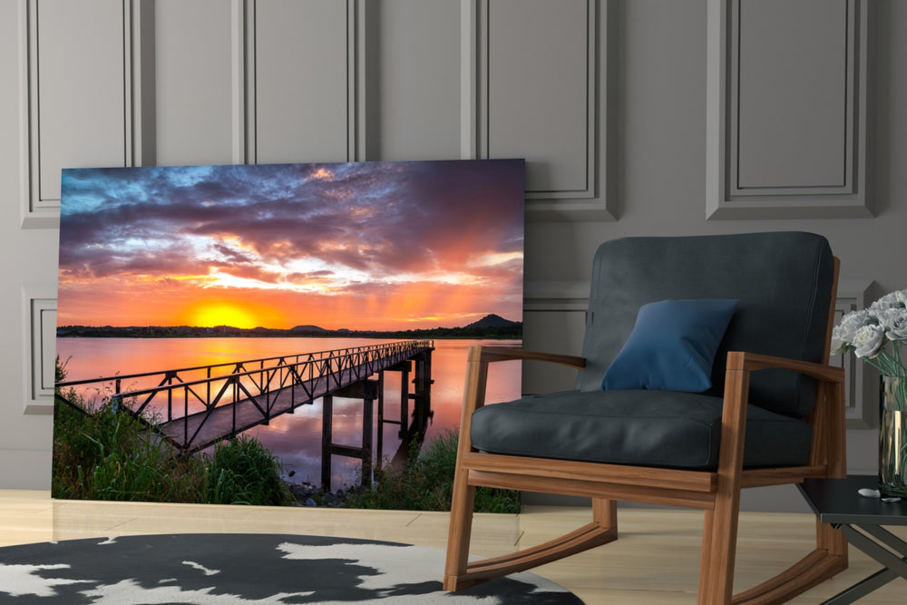 Sunset on the Beach glass print enhancing a hallway with vanishing-point pulse