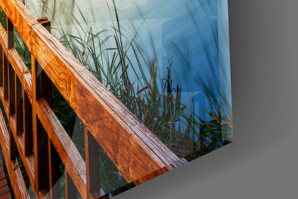 Long Dock on the Lake artwork anchoring a coastal-themed wall in serene palette
