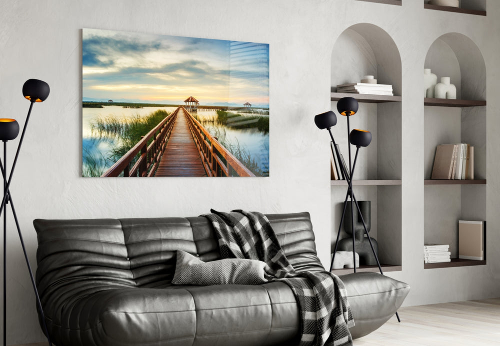 Long Dock on the Lake glass wall art styled above a desk in a contemplative study