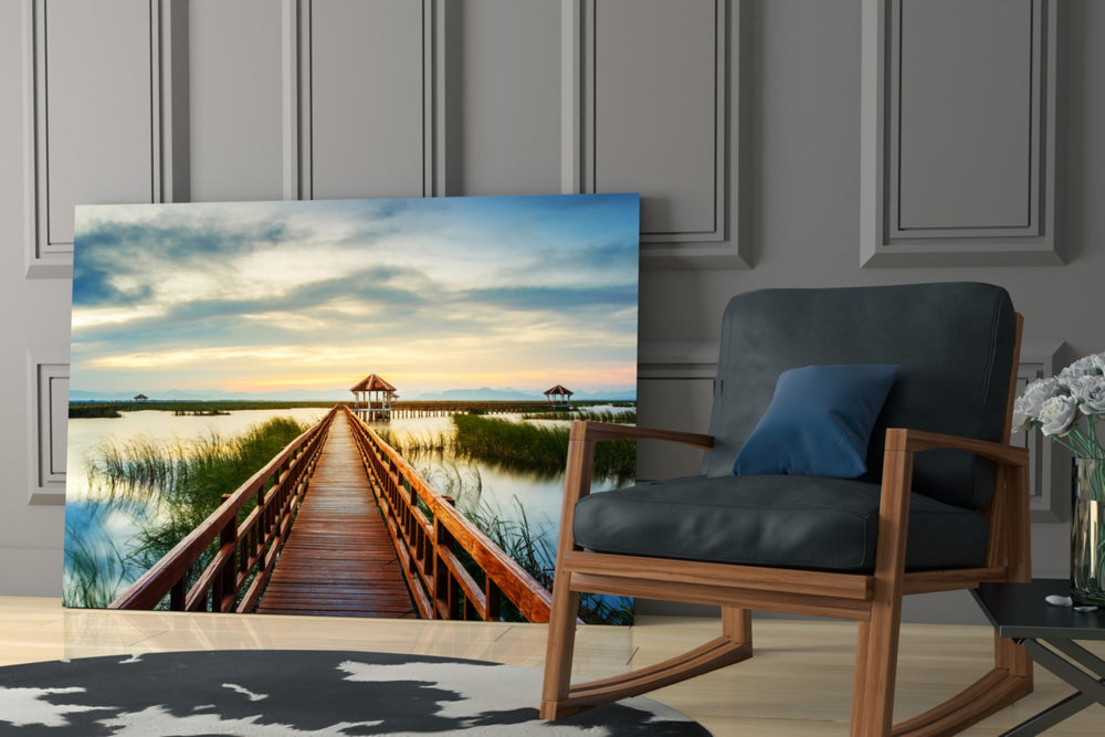 Long Dock on the Lake glass print enhancing a hallway with vanishing-point quiet