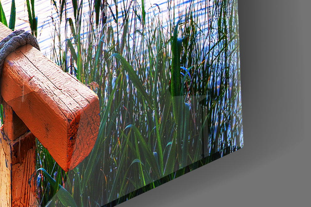Dock artwork anchoring a lakeside-themed wall in pastel palette