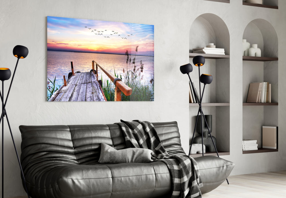 Dock glass wall art styled above a bed in a twilight bedroom