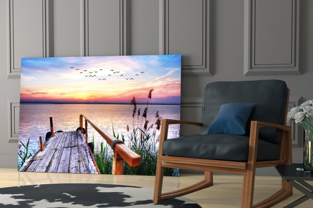 Dock glass print enhancing a hallway with horizon poetry
