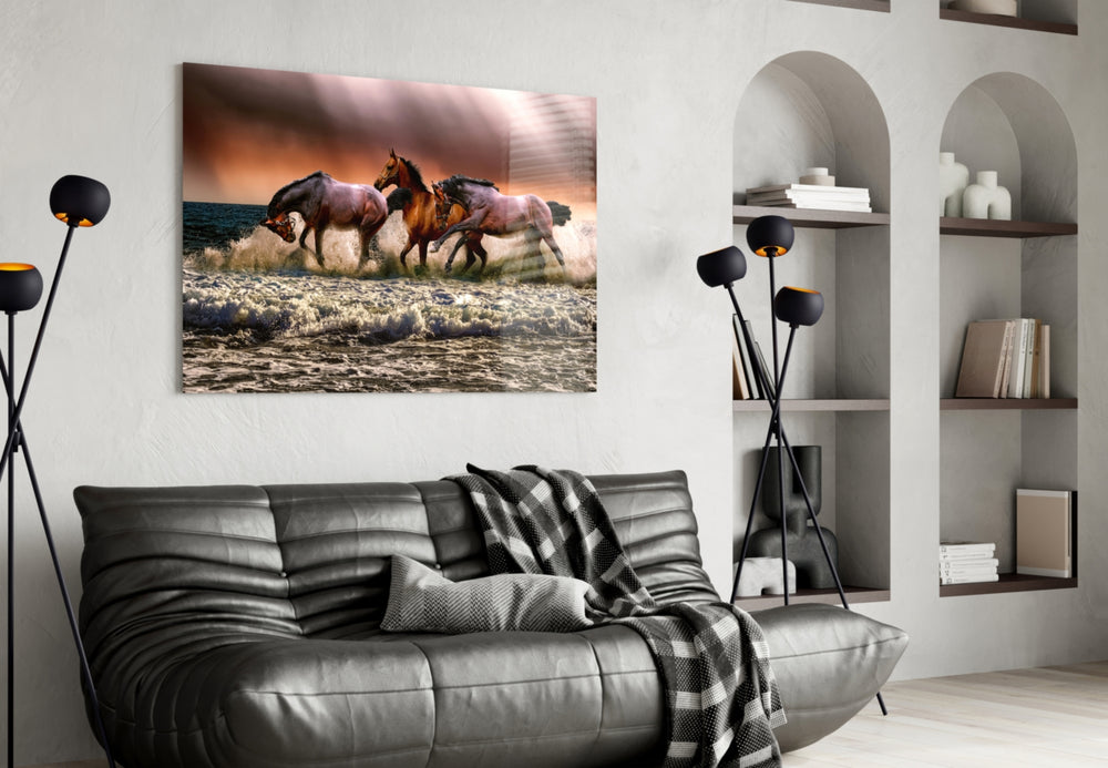 Horses glass wall art styled above a sofa in an adventurous living room