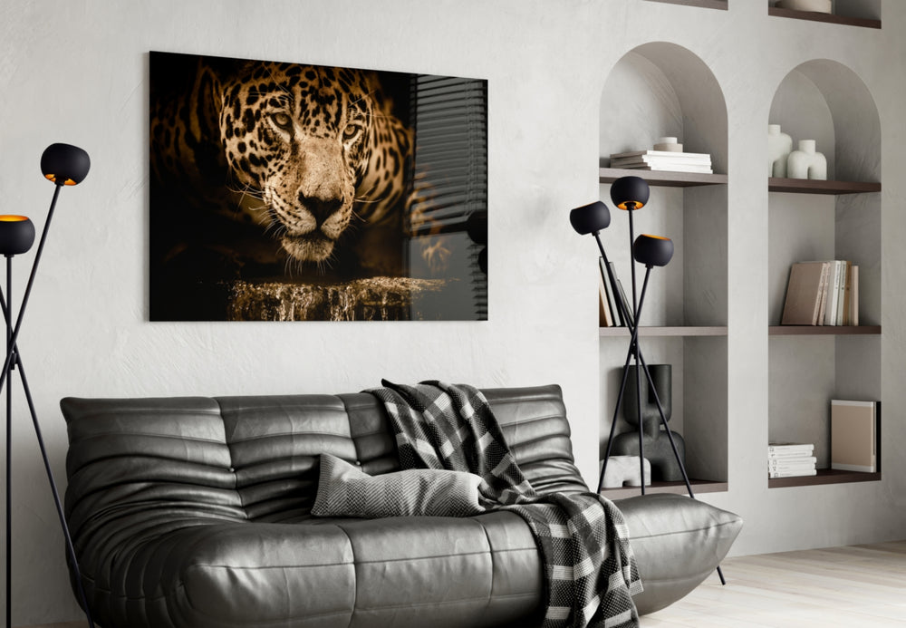 Leopard glass wall art styled above a desk in a study with safari taste