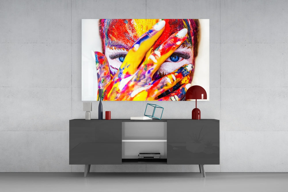 Woman Portrait panel catching low light to reveal its rainbow pigment