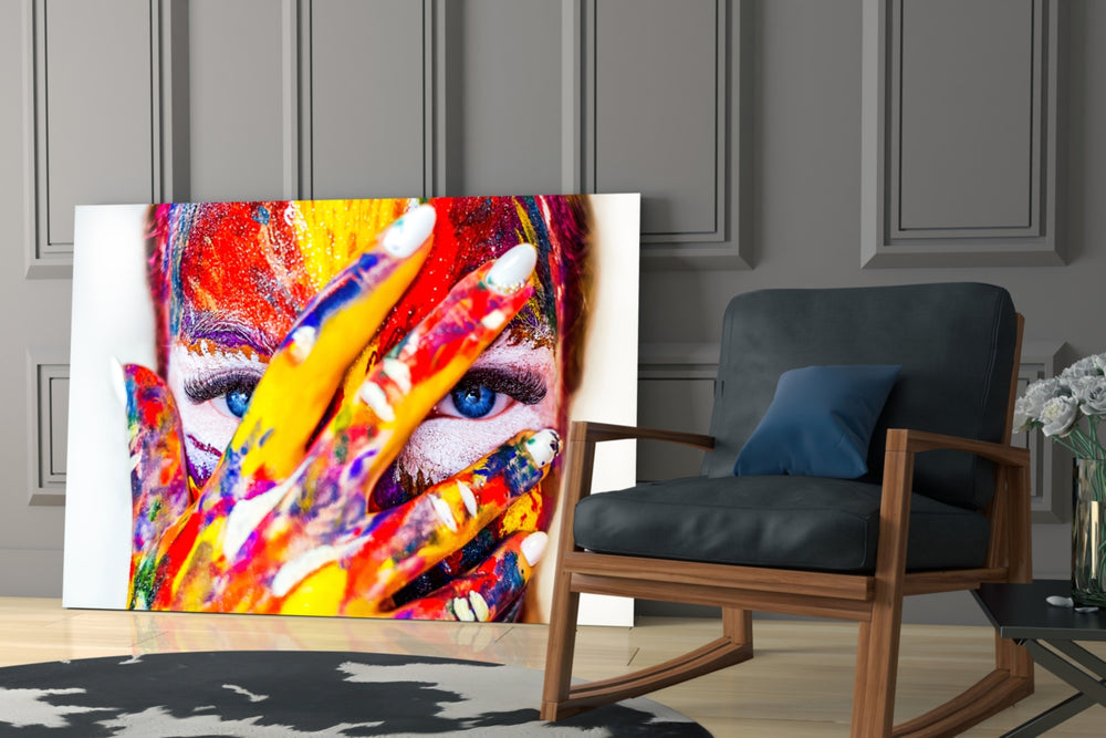 Woman Portrait glass print enhancing a hallway with chromatic energy