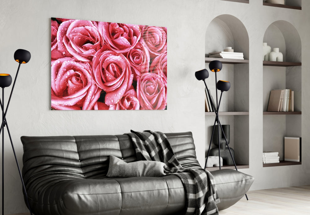 Pink Rose glass wall art styled above a bed in an intimate bedroom
