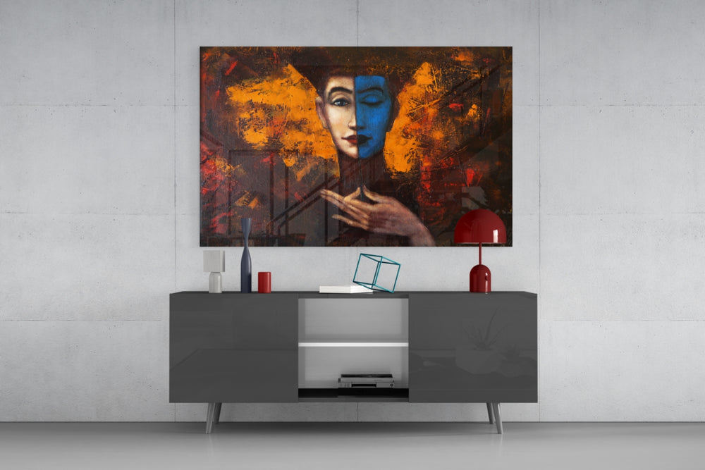 Abstract Woman Portrait panel catching low light to reveal its painterly texture