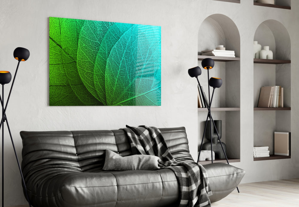 Green Leaf glass wall art styled in a sunroom with garden mood
