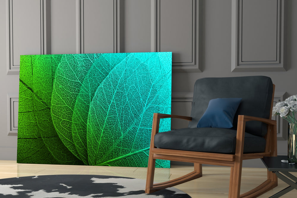 Green Leaf glass print enhancing a hallway with leaf-pattern energy