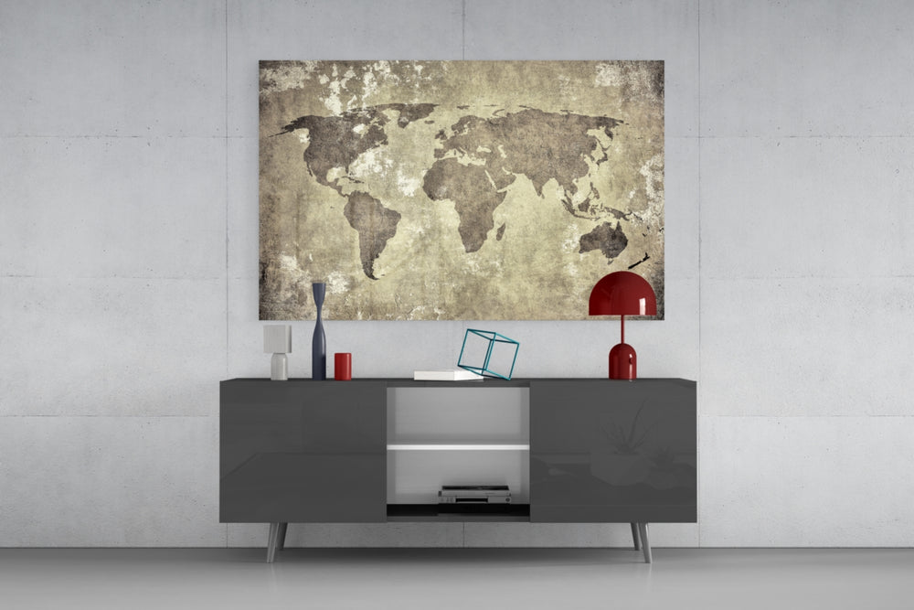 World Map panel catching soft light to reveal its parchment grain