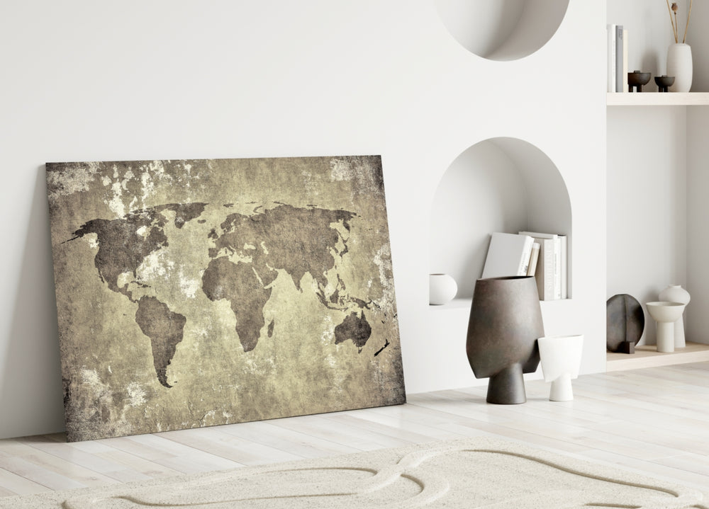 Close-up detail of sepia continents on weathered parchment texture