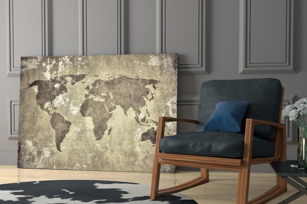 World Map glass print enhancing a hallway with library mood
