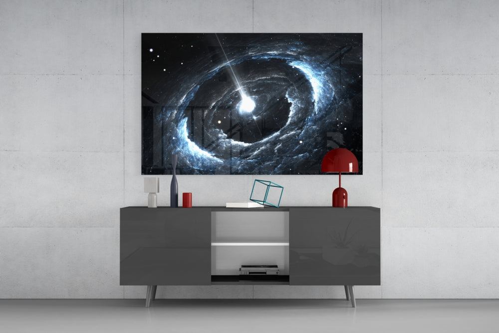 Cosmos panel catching low light to reveal its luminous swirl