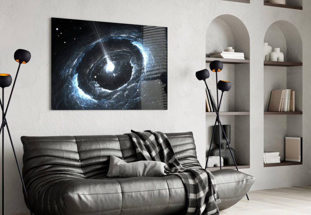 Cosmos glass wall art styled above a desk in an imaginative study