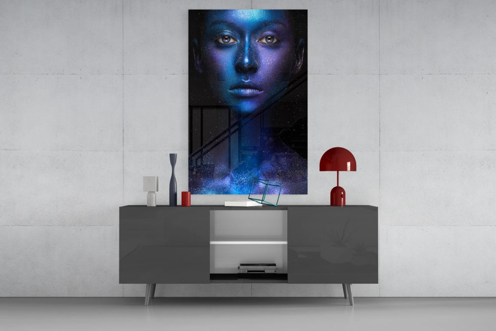 Woman Portrait panel catching low light to reveal its silver sparkle