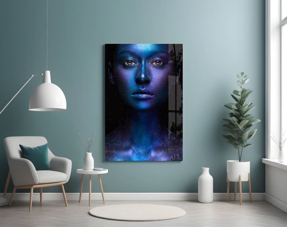 Woman Portrait glass wall art styled above a bed in a night-sky bedroom