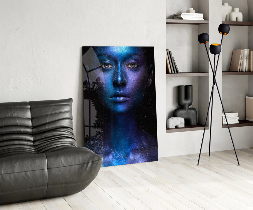 Woman Portrait panel adding after-dark energy to a lounge