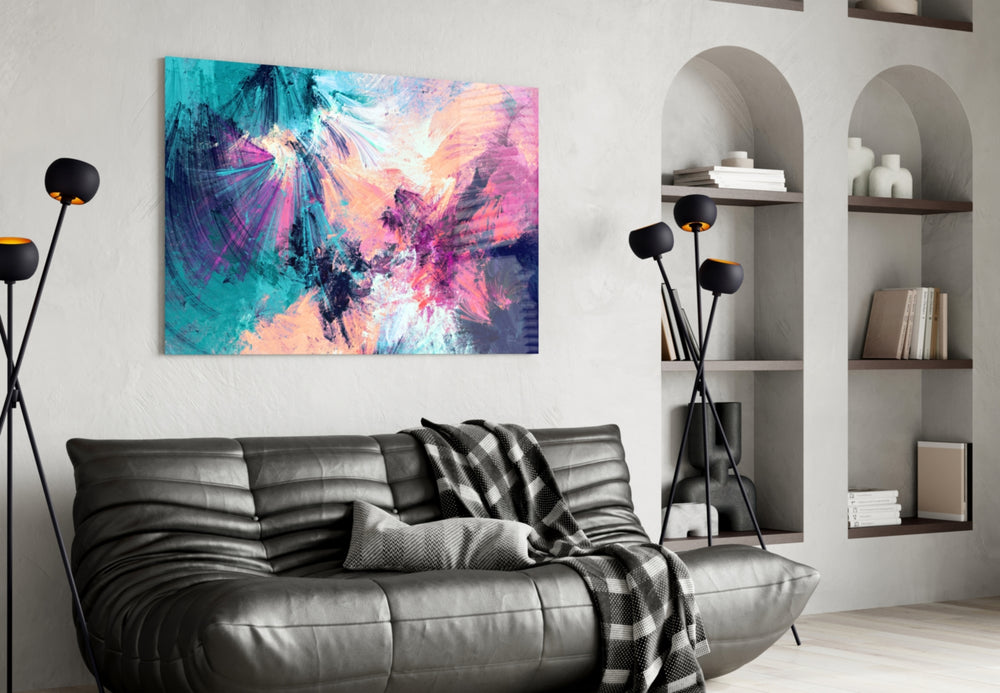 Abstract glass wall art styled in a creative studio