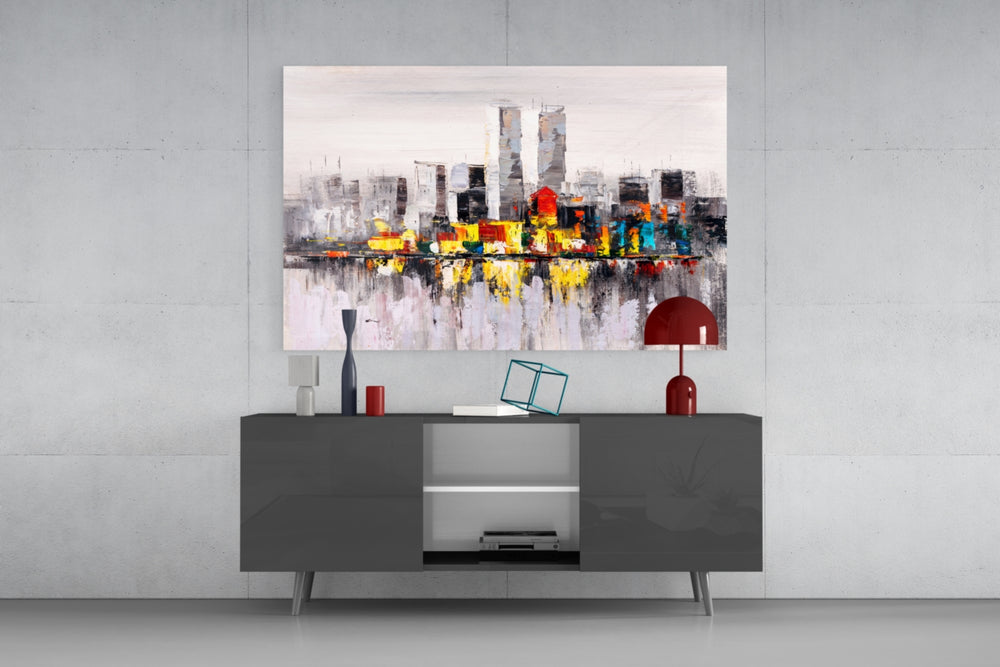 Abstract City panel catching warm light to reveal its impasto strokes