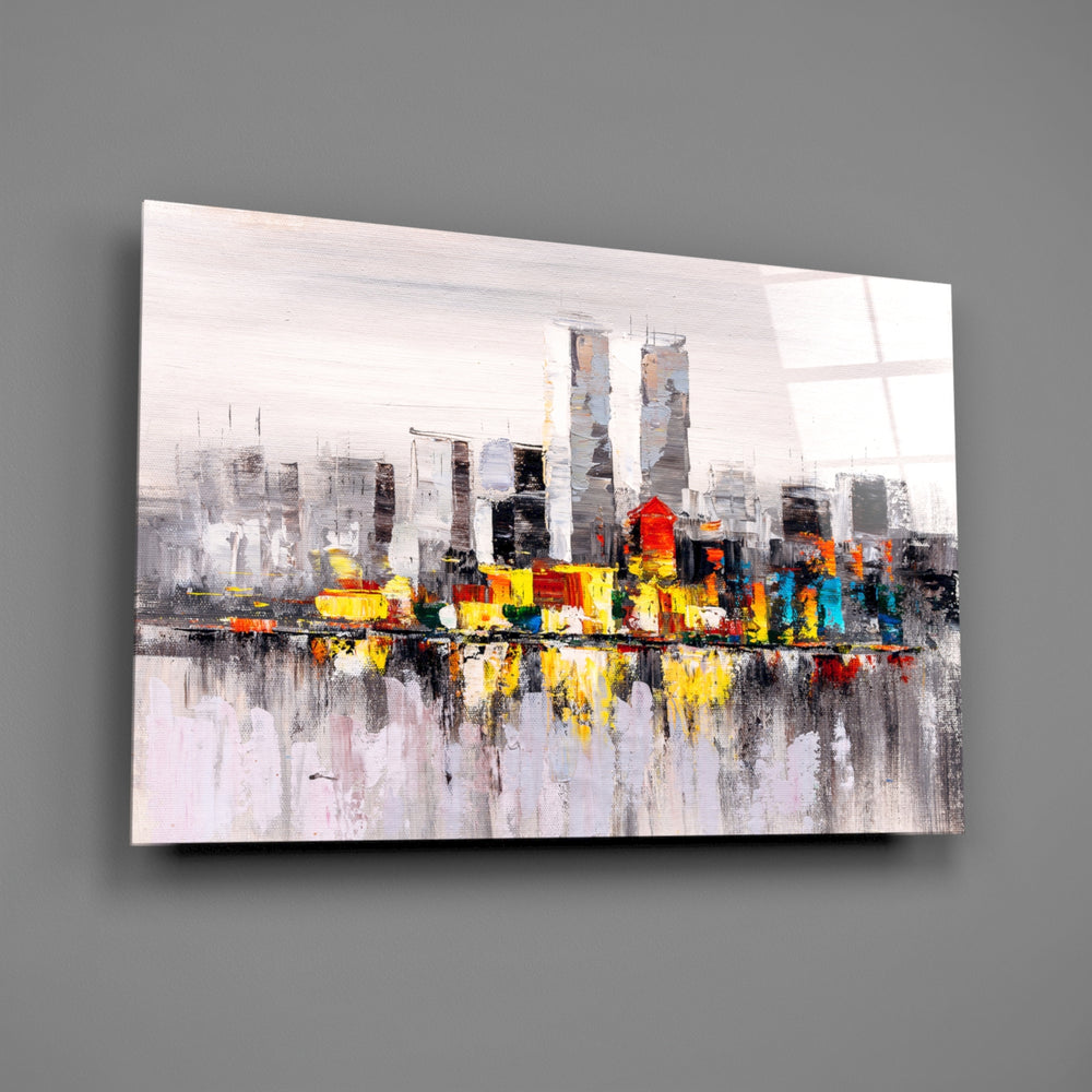 Palette-knife skyline panel bringing cosmopolitan warmth to a contemporary living space