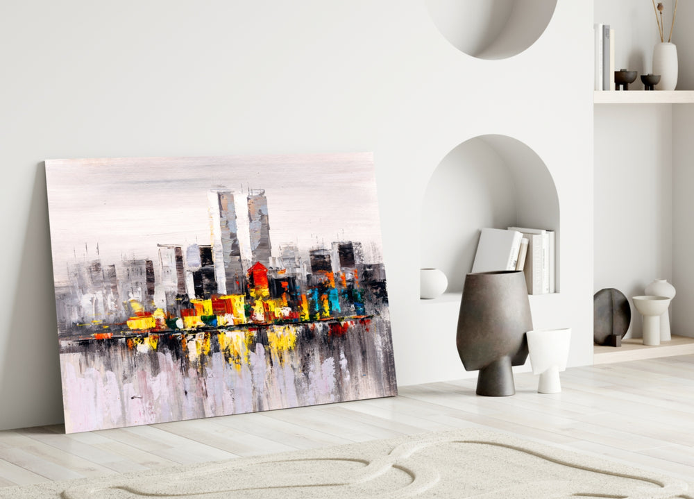 Close-up detail of palette-knife brushwork on twin-tower skyline