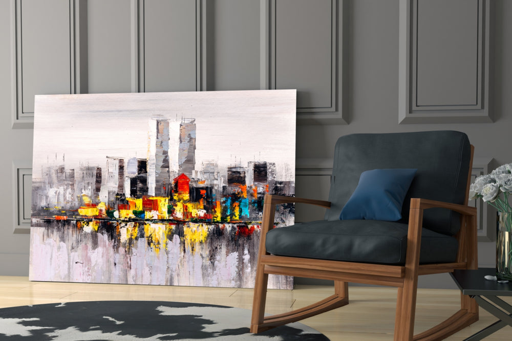 Abstract City glass print enhancing a hallway with cultural pulse
