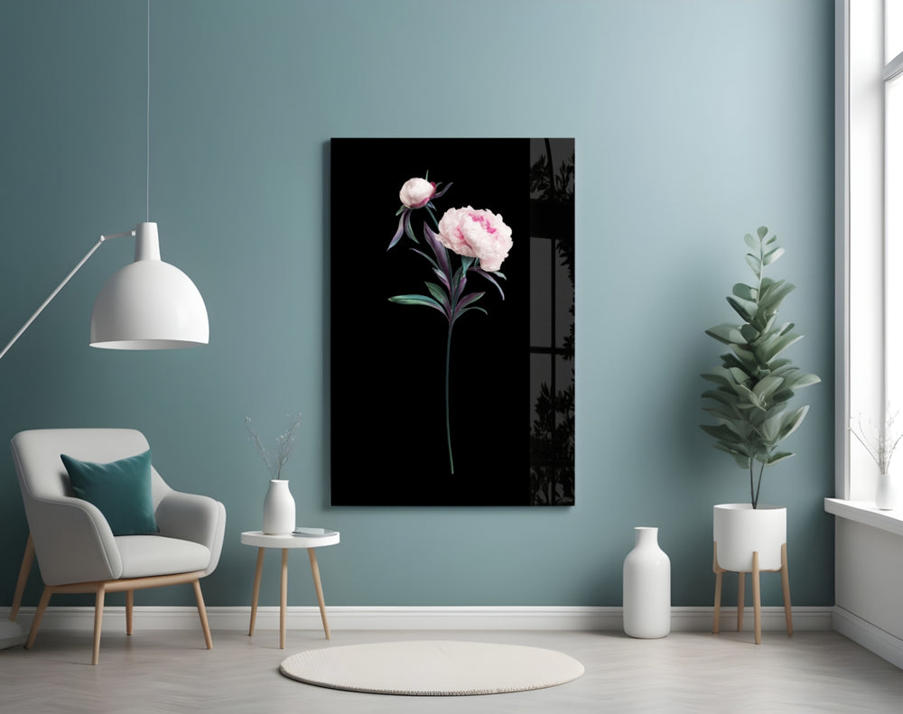 Flower glass wall art styled above a bed in a blush-palette bedroom
