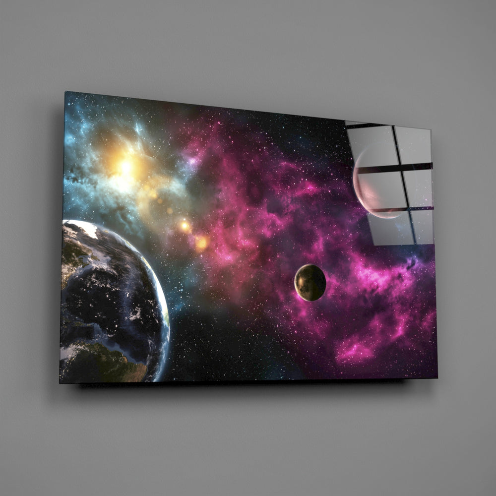 Earth-and-nebula panel bringing celestial drama to a contemporary living space