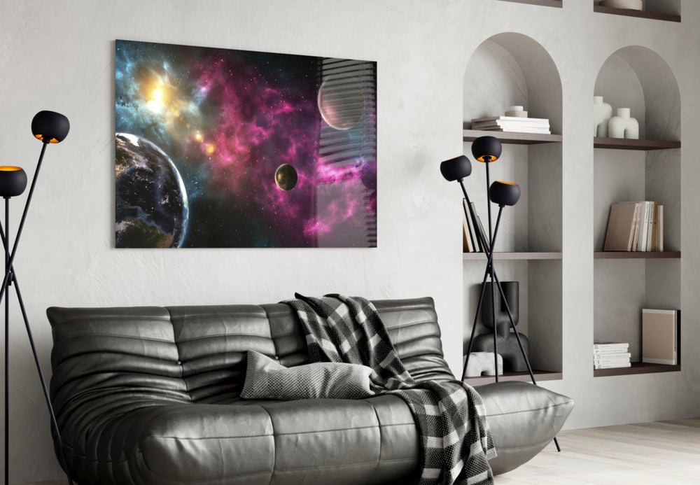 Space glass wall art styled above a desk in an imaginative study