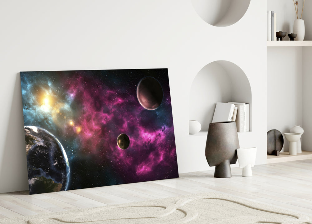 Close-up detail of Earth limb beside a magenta nebula and distant planets