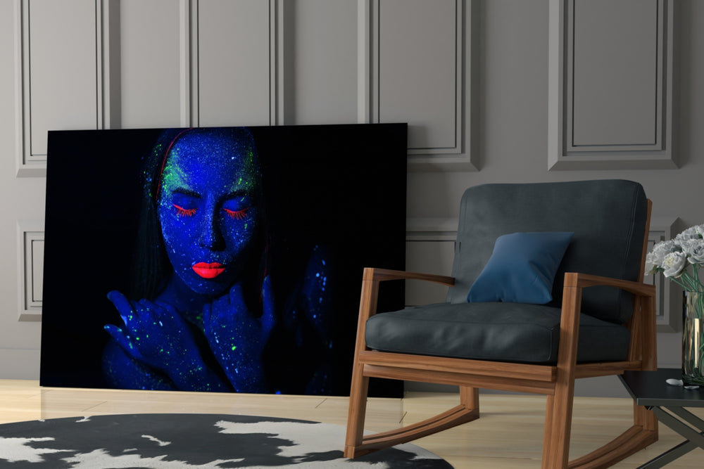 Woman Portrait glass print enhancing a hallway with after-dark mood