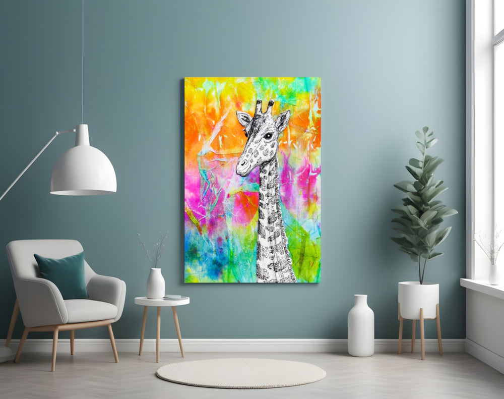 Giraffe glass wall art styled in a child's safari-theme room