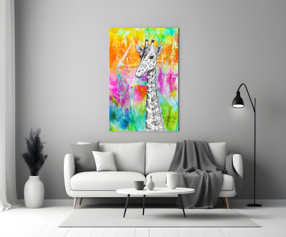 Close-up detail of the pen-and-ink giraffe against rainbow watercolor