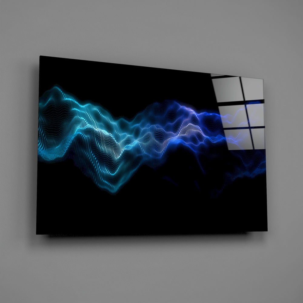 Cyan particle-wave panel bringing neon drama to a contemporary living space