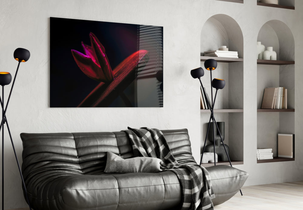 Red Leaf glass wall art styled above a bed in a romantic bedroom